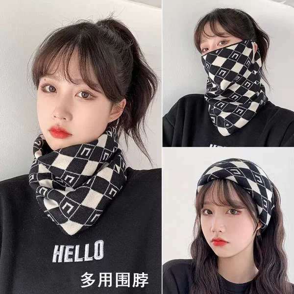 Autumn and Winter ear mask multi-purpose neck protection scarf versatile chessboard plaid hat female Korean style warm big head scarf thick