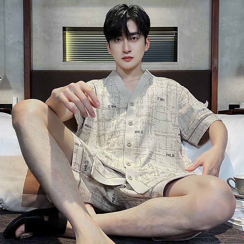 새로운 여름 남자 잠옷 카디건 및 기모노 반팔 반바지 카디건 간단한 캐주얼 아웃웨어 파자마 세트