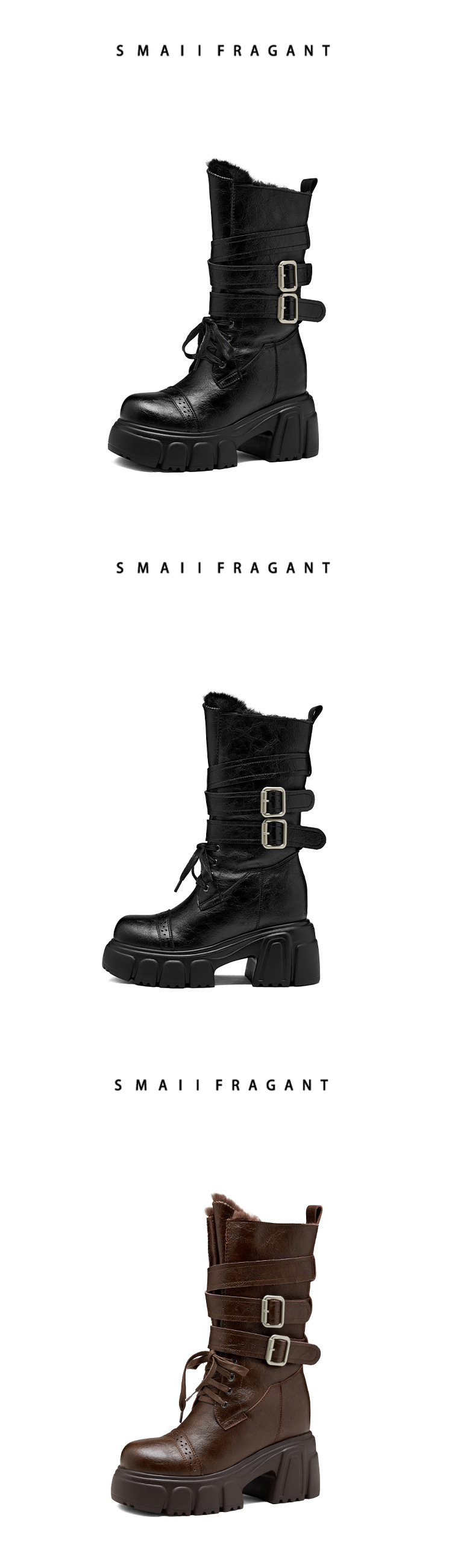 Boot cổ trung nữ gót vuông 10cm phong cách biker khóa thắt lưng — nhung nâu chi tiết 8
