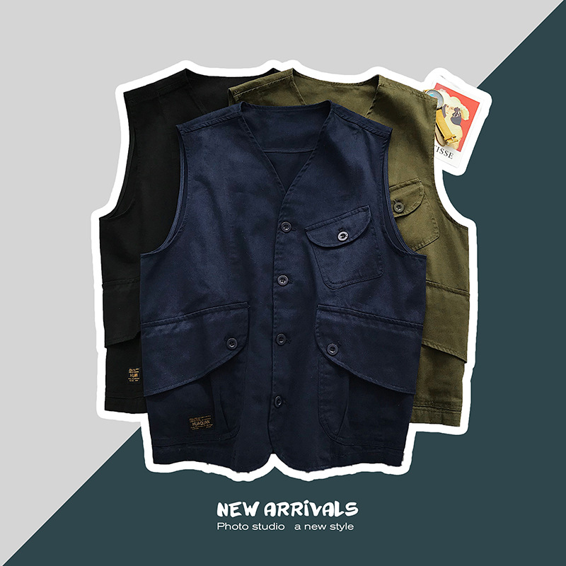 2021春夏新款青年马甲男港风大码潮流多口袋无袖背心外搭一件代发|ms