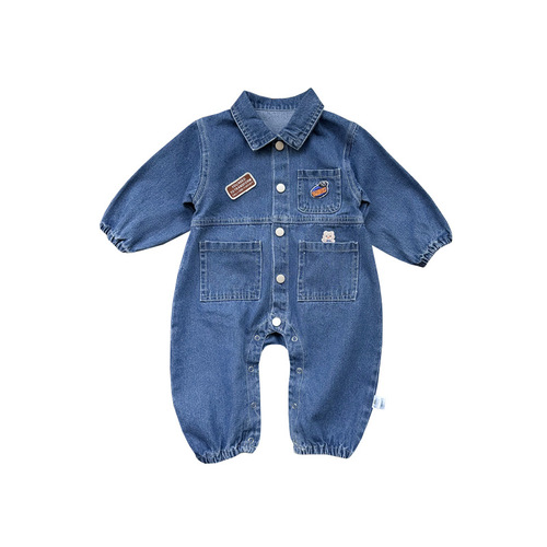 Baby autumn clothing, fashionable and stylish denim jumpsuit, male and female baby long-sleeved lapel patch sweatshirt, outdoor clothing