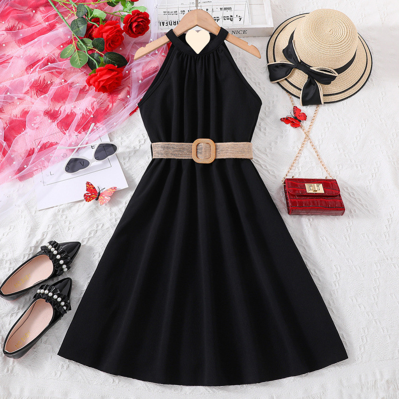 女童连衣裙夏季潮流无袖露肩a字裙中大童时尚甜美挂脖修身厂家