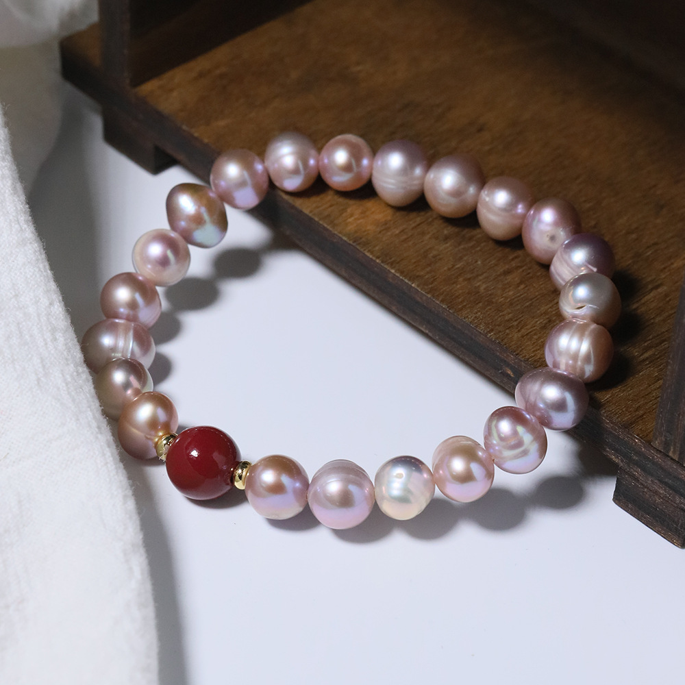 Nuevo agua dulce natural púrpura perla rojo camuflado pulsera cuerda elástica alta sensación de moda brazalete universal joyas