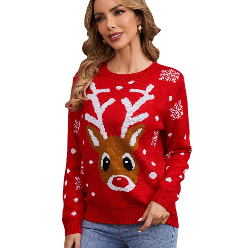 Women winter cartoon reindeer Christmas sweater round neck pullover women_voghion.com