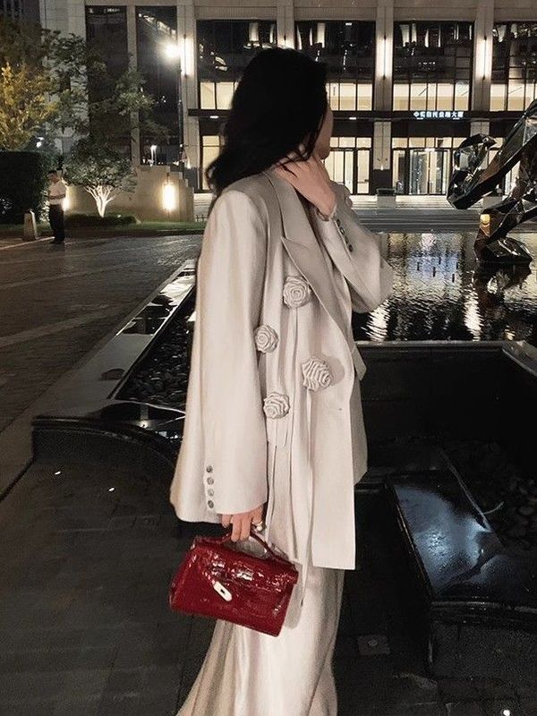 高级感缎面西装外套女2025春秋休闲宽松西服v领镂空吊带裙两件套|undefined
