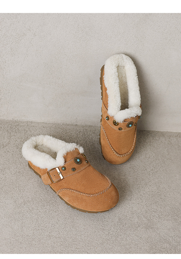 Dép mule nữ lông cừu đế xốp Birkenstock phong cách đinh tán, mũi kín, lót nâng nhẹ — hổ phách chi tiết 12