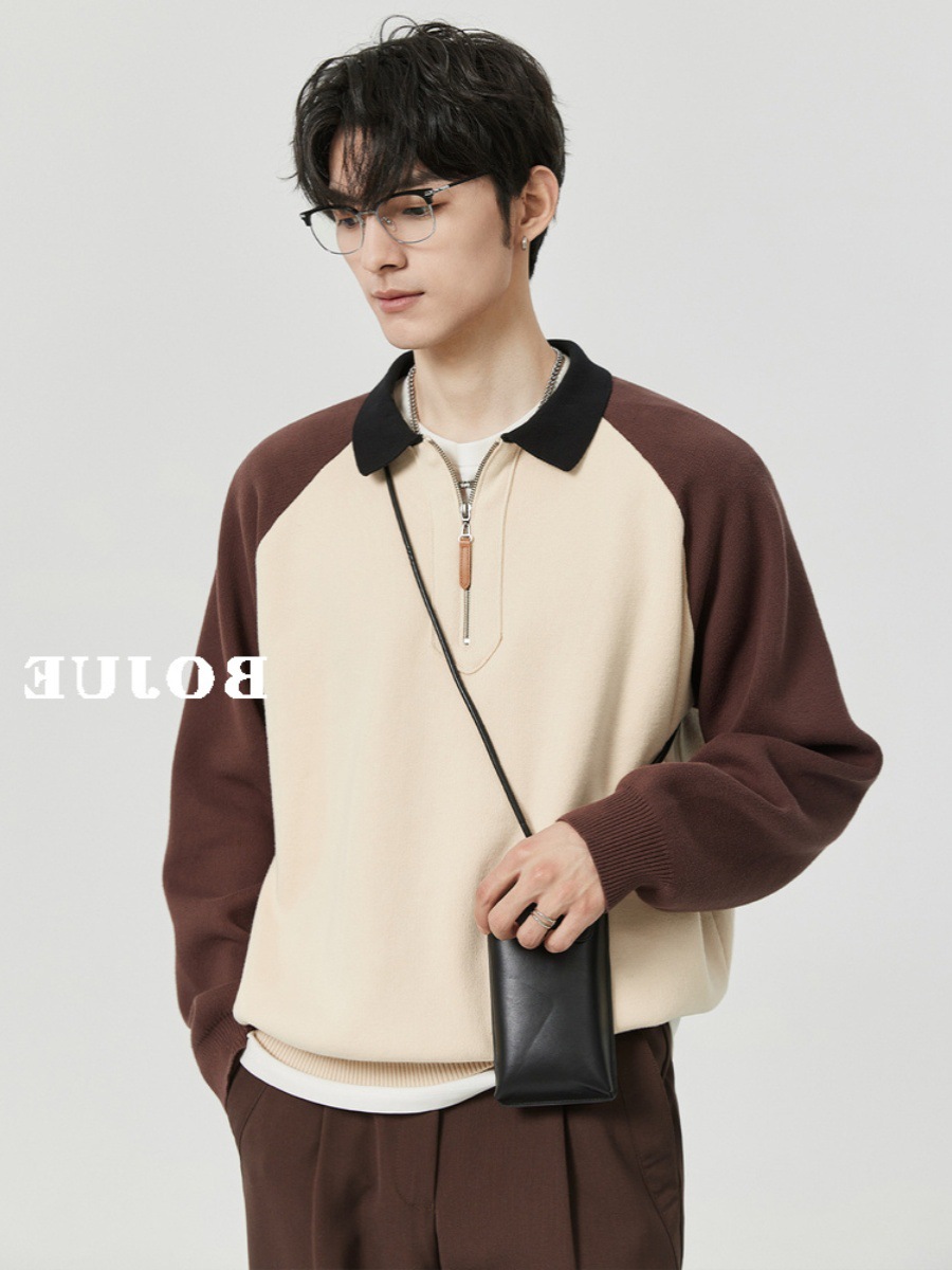 Otoño e invierno contraste color media cremallera Polo cuello suéter cálido manga larga superior suéter de los hombres de estilo coreano abrigo de los hombres