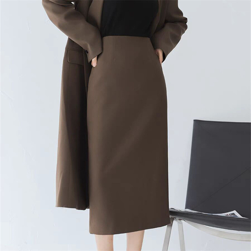 中长款咖啡色半身裙女夏季开叉裙子一片式高腰a字裙包臀裙西装裙