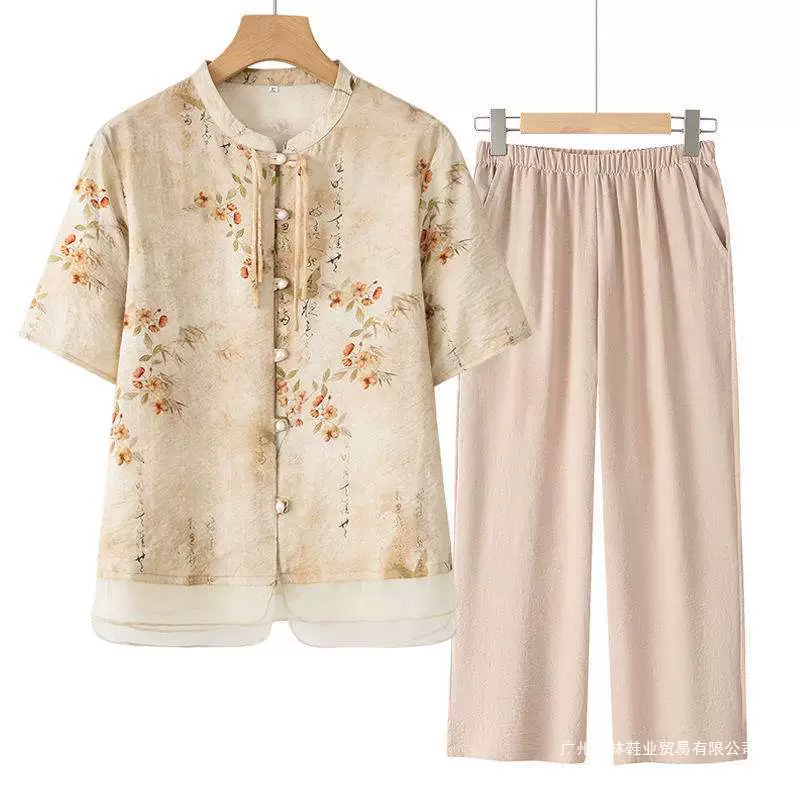 Летний костюм для новоиспеченной мамы 2025 года, топы для женщин среднего и пожилого возраста, двухкомпонентный комплект для женщин среднего возраста, тонкая короткая одежда для бабушки