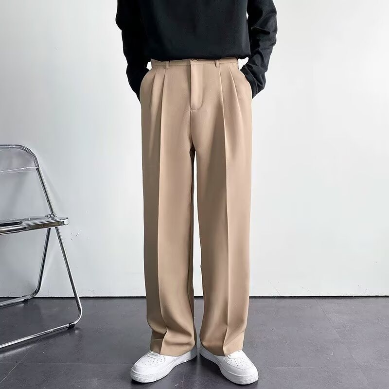 Men's single-pleat casual dress pants, new spring/autumn 2026 style, trendy suit pants, drape-resistant, wrinkle-resistant straight leg trousers.