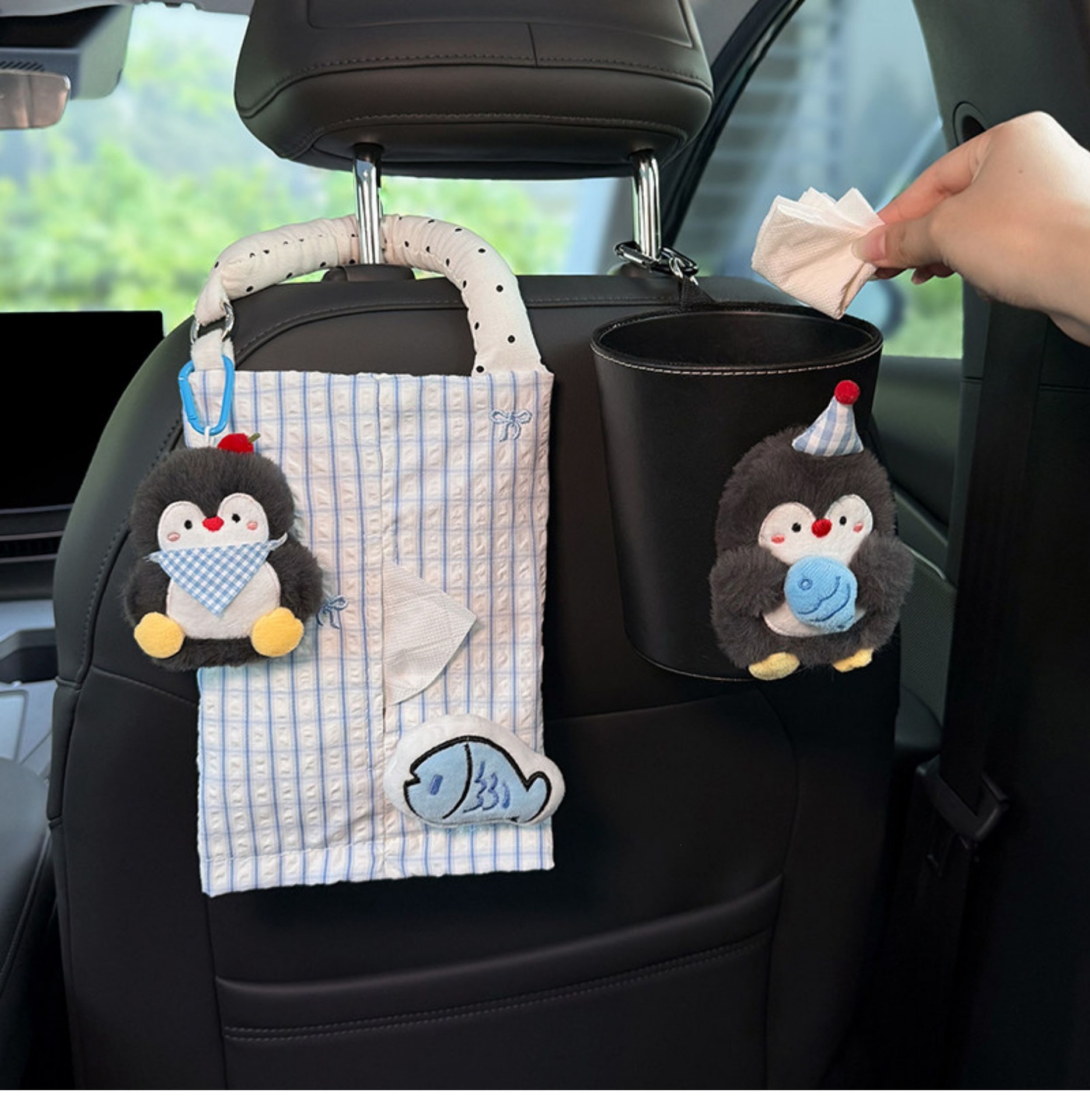 2026 New Penguin Car Trash Bin and Tissue Box 2-in-1 Front and Rear Seat Tissue Hanging Bag Cute Car Storage