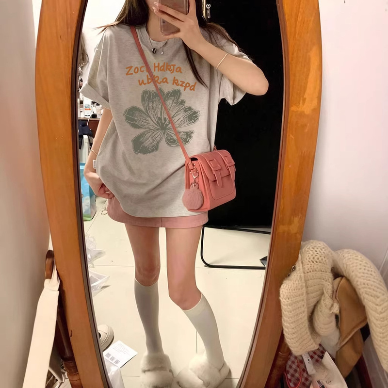 Heavyweight Pure Cotton Summer Gray Regular Shoulder Short-Sleeve T-Shirt for Women, 2026 New Style, Lazy High-End Niche American-Style Tee