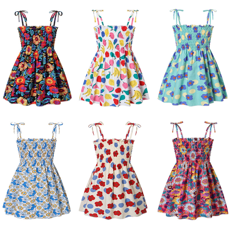 Amazon Summer New Girls European and American Suspender Skirt Children's Printed Dress Baby Girl Children's Clothing Suspender Skirt