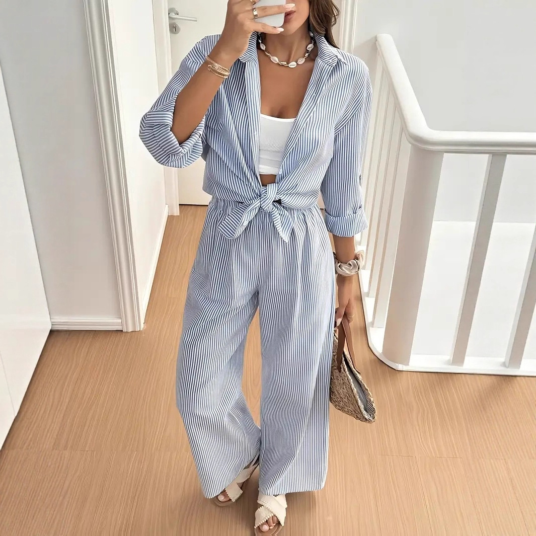 Women's Clothing Elegant Casual Striped Shirt And Straight Leg Trousers Two Piece Set_ecoleips.com