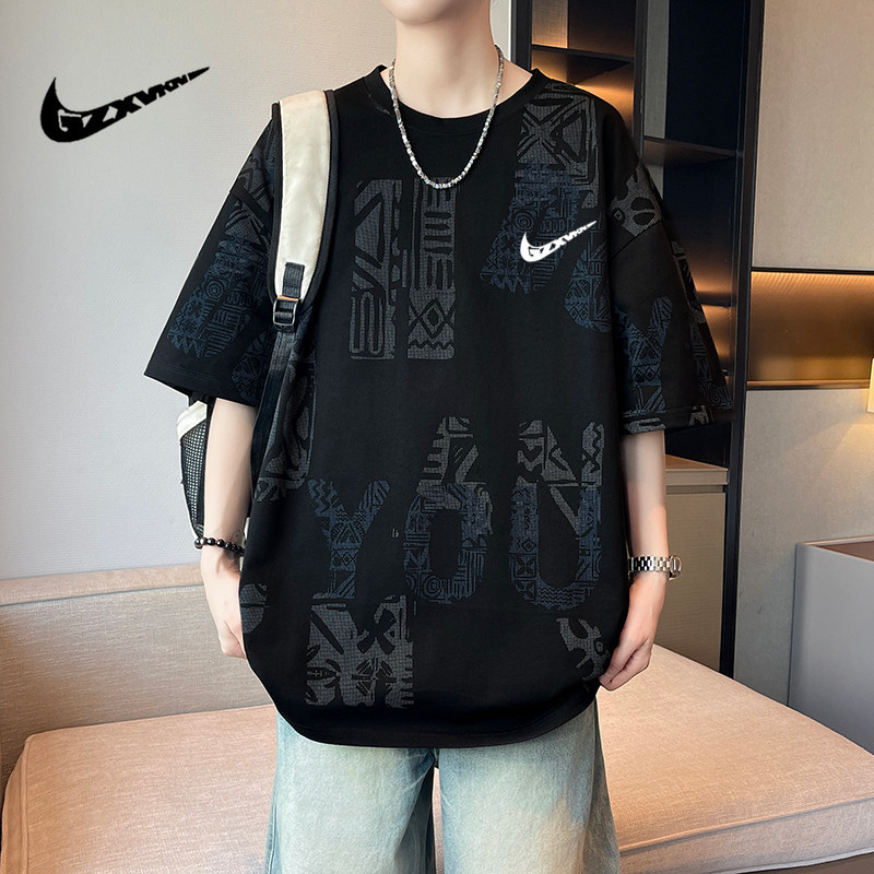 Trendy Brand Printed Short-Sleeved T-Shirt for Men, Summer Loose-Fitting Drop-Shoulder Top, Fashionable Versatile Casual Sports Base Shirt
