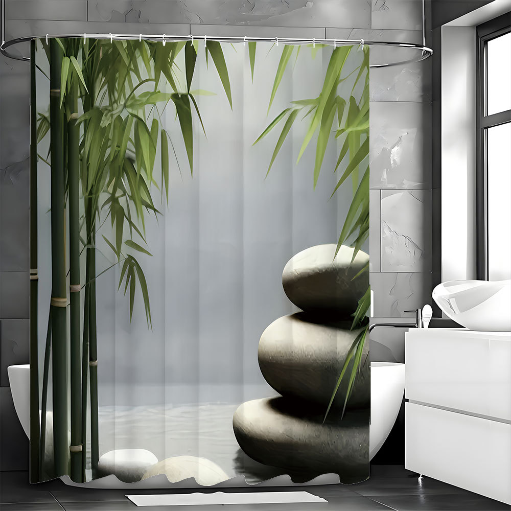 Cross-Border Supply of Shower Curtains with Bamboo Forest Zen Digital Printing Polyester Waterproof Fabric Bathroom Shower Curtain Customization