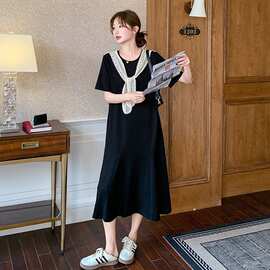 黑色蕾丝拼接假两件连衣裙女2026夏季新款法式气质休闲宽松T恤裙