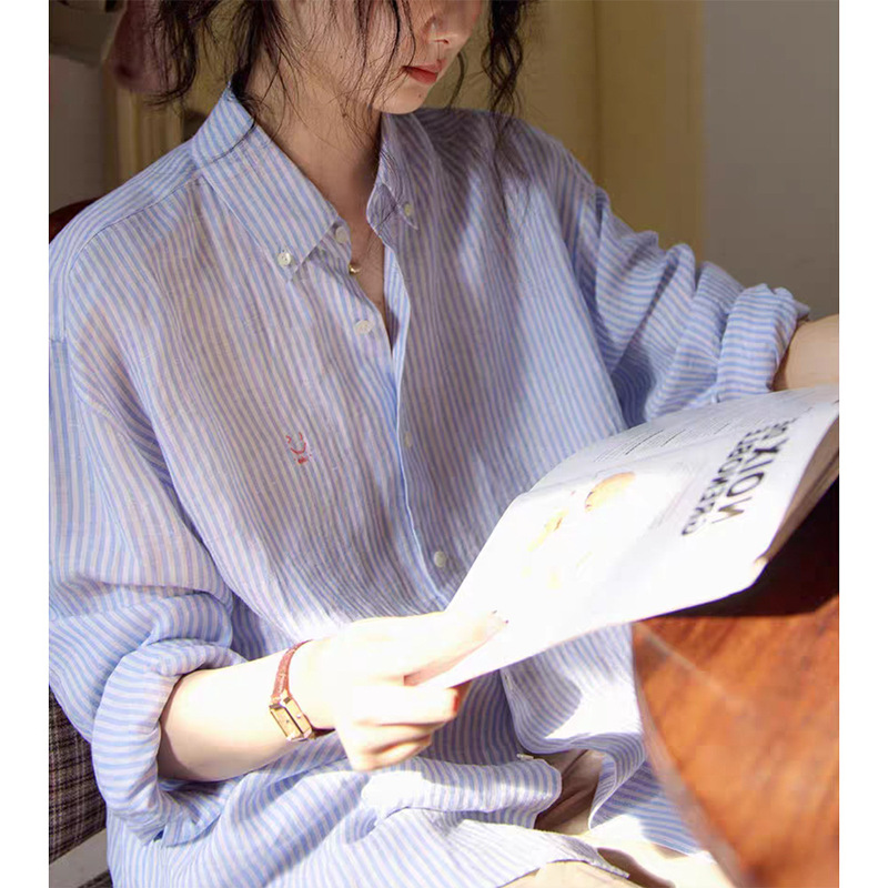 French-Style Blue Striped Sun-Protective Linen Shirt for Women, Spring Outerwear with a Stylish Design, Long-Sleeve Shirt Jacket with Embroidery French-Style Blue Striped Sun-Protective Linen Shirt for Women, Spring Outerwear with a Stylish Design, Long-Sleeve Shirt Jacket with Embroidery