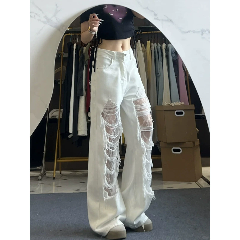 Летние белые рваные джинсы, свободный дизайн, кружевные полые штаны для похудения, универсальные стильные широкие брюки