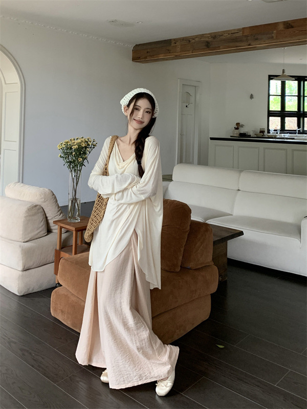 清冷感气质套装女秋季2025新款慵懒风防晒长袖上衣阔腿裙裤两件套|undefined