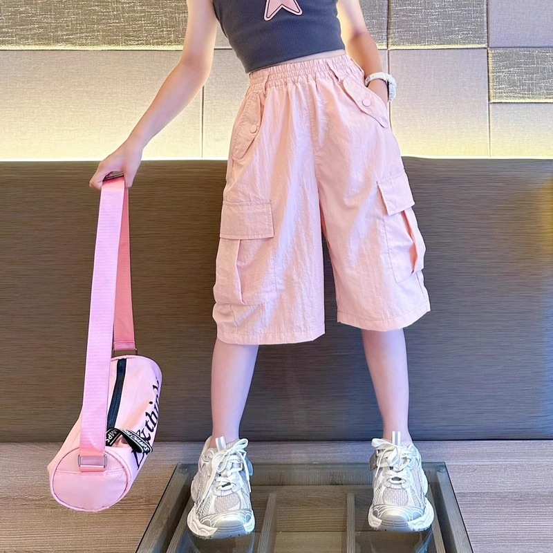 Girls' Summer Thin Pants 2025 New Style Loose Cargo Pants for Older Children, Stylish Summer Shorts for Middle School Students