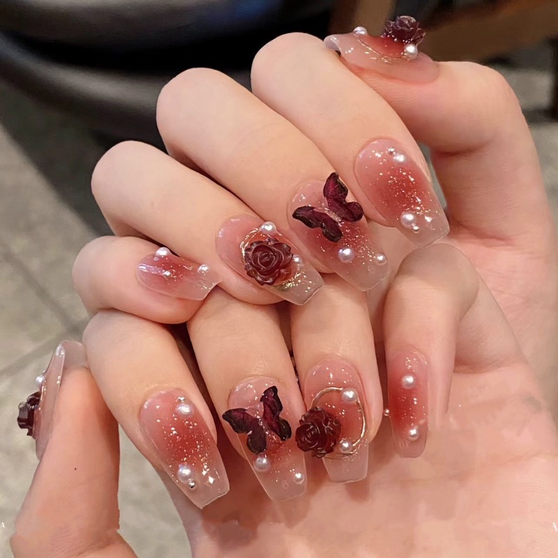 ネイルアート ウェアラブルネイル ミディアムロングタイプ 氷のように透明な椿の花柄 付け爪 ピュアでセクシーなオーロラダイヤモンド風ネイルチップ|undefined