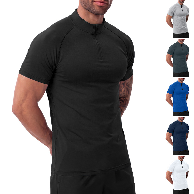 Men's fitness short-sleeve t-shirt with stand-up collar and half-zip design, quick-dry high-elastic compression shirt for running and marathon training
