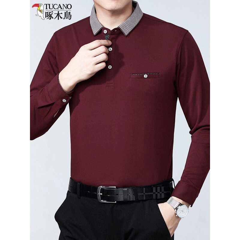 Woodpecker Long-Sleeve T-Shirt with Turn-Down Collar for Men, Middle-Aged, Spring and Autumn, Thin Style, Dad's Polo Shirt with Button Closure