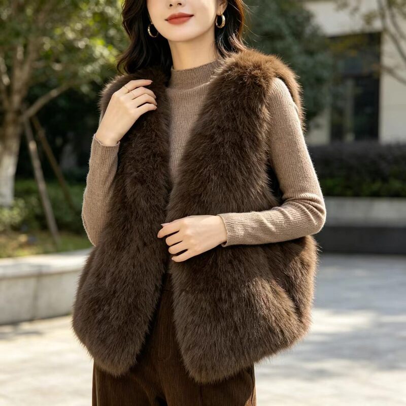 Autumn and Winter Women's Faux Fox Fur Vest V-Neck Versatile Coat Warm Thick Short Loose Outerwear for Commuting