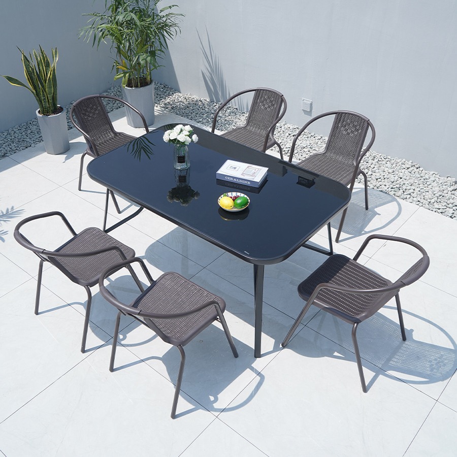Outdoor Tables and Chairs Rattan Chair with Umbrella Combination Outdoor Catering Commercial Stall Milk Tea Coffee Courtyard Balcony Leisure Sun Protection