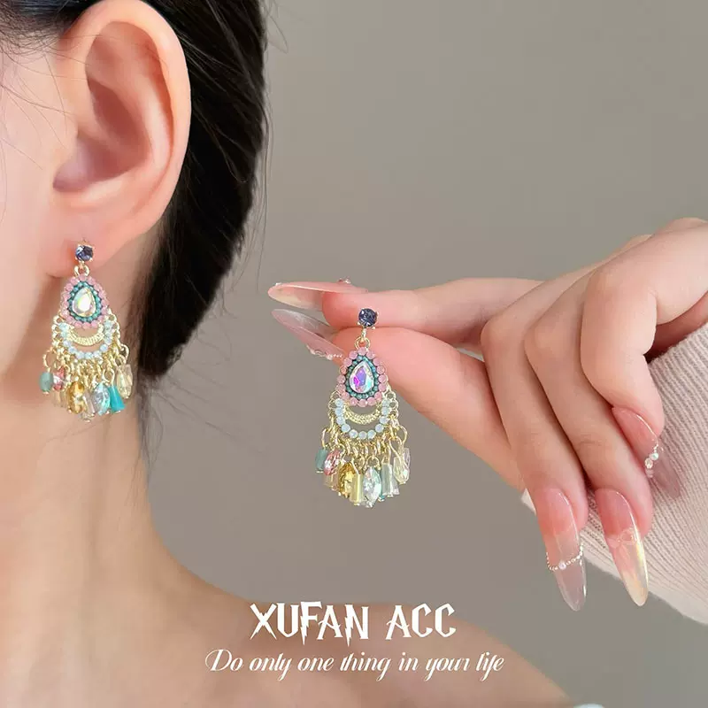 超仙复古彩色水滴流苏耳环女小众设计波西米亚夸张独特耳坠耳饰