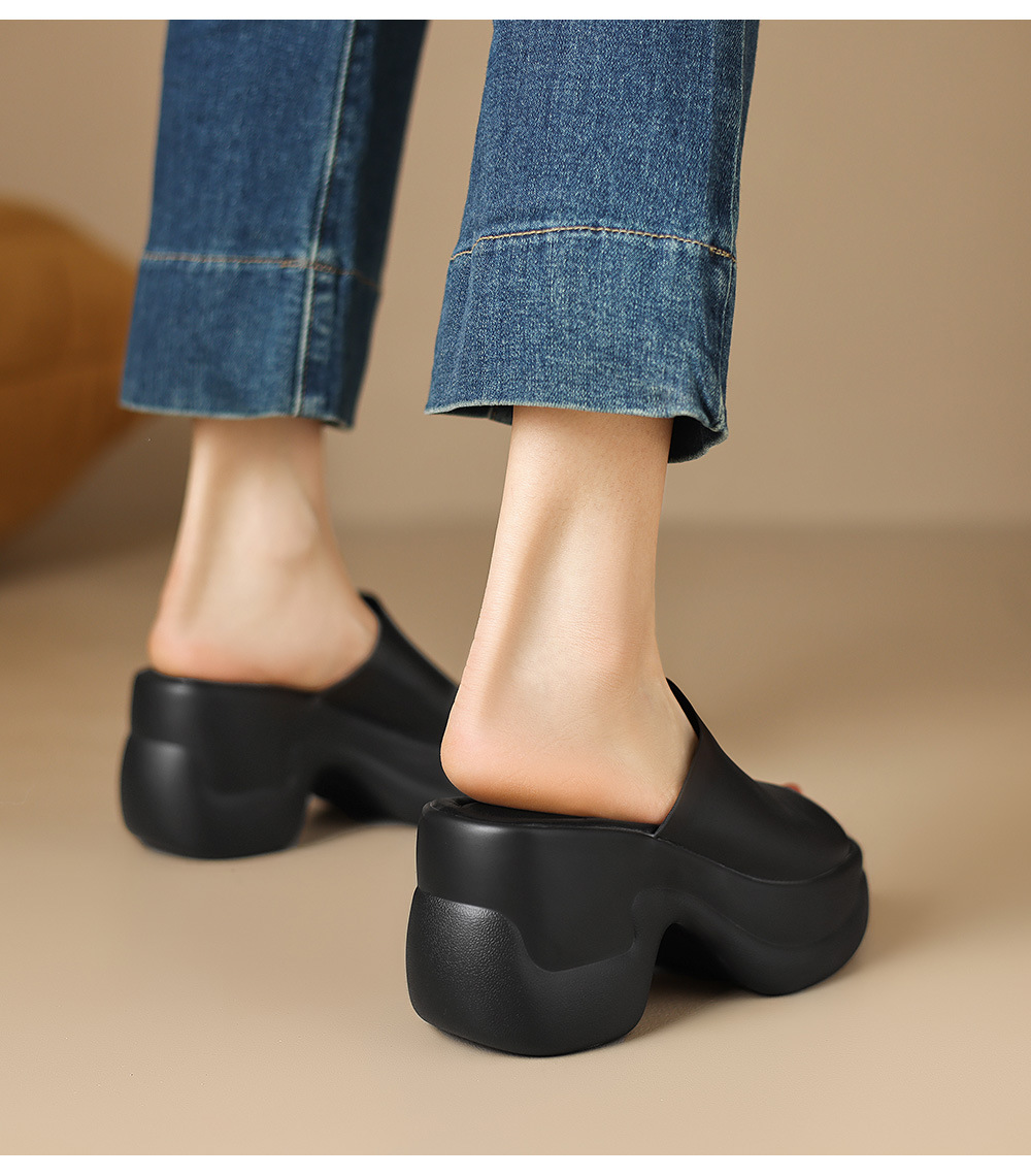 Sandal cao gót nữ đế dày 8,5 cm quai ngang da bò — Da bò trắng gạo chi tiết 17
