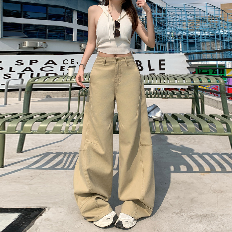 美式复古卡其色牛仔裤2025新款设计感拼接宽松阔腿直筒长裤批发|undefined