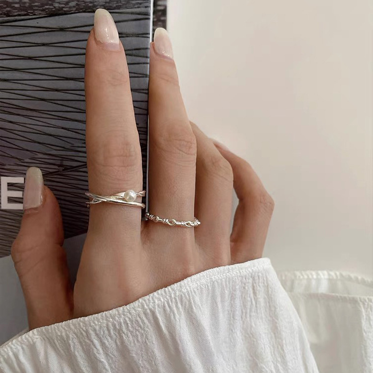 French Vintage Interlaced Pearl Ring Set For Women Elegant Style_voghion.com