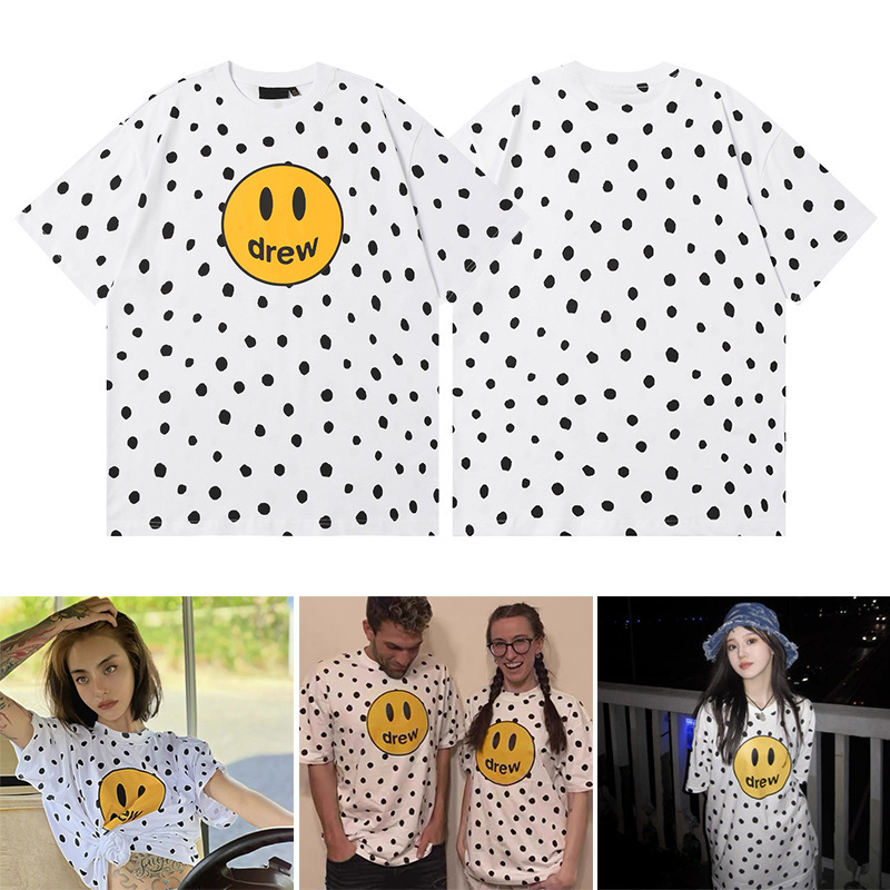 Drew Cosmic Polka Dot Smiley Face Letter Print Short-Sleeved American Casual Loose Couple Pure Cotton T-Shirt Popular Style