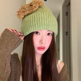 2025年新款针织帽同款泰迪小狗毛线帽女百搭保暖显脸小帽子