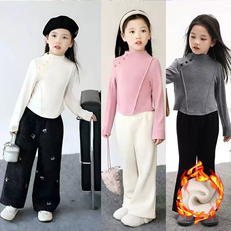 儿童打底衫秋冬新款亲子套头衫女童长袖上衣女童加绒打底一件代发