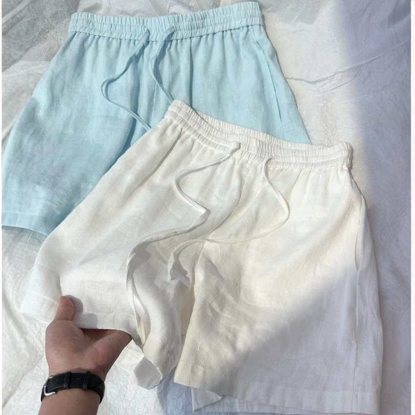Quần short nữ vải lanh nhập khẩu thiết kế viền tua rua có lót dáng chữ A — xanh lam, màu trắng