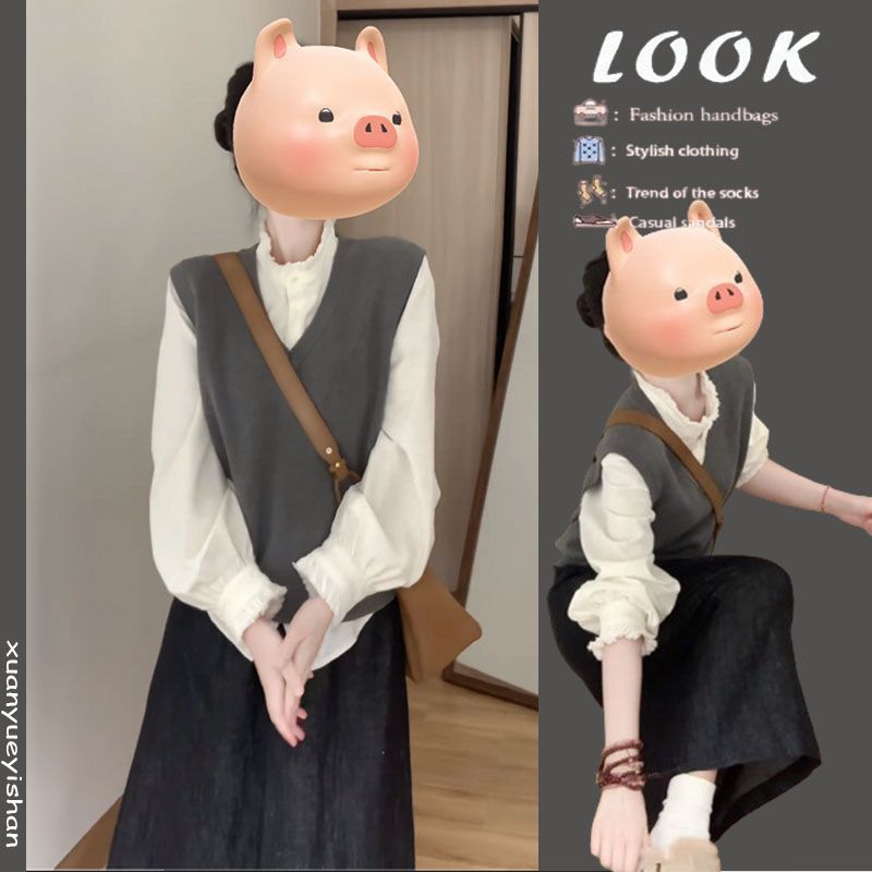 秋の女性向けの甘いスタイルの衣装、新しいカジュアルニットベスト、万能トップス、スカート、スリーピーススーツの完全なセット|undefined