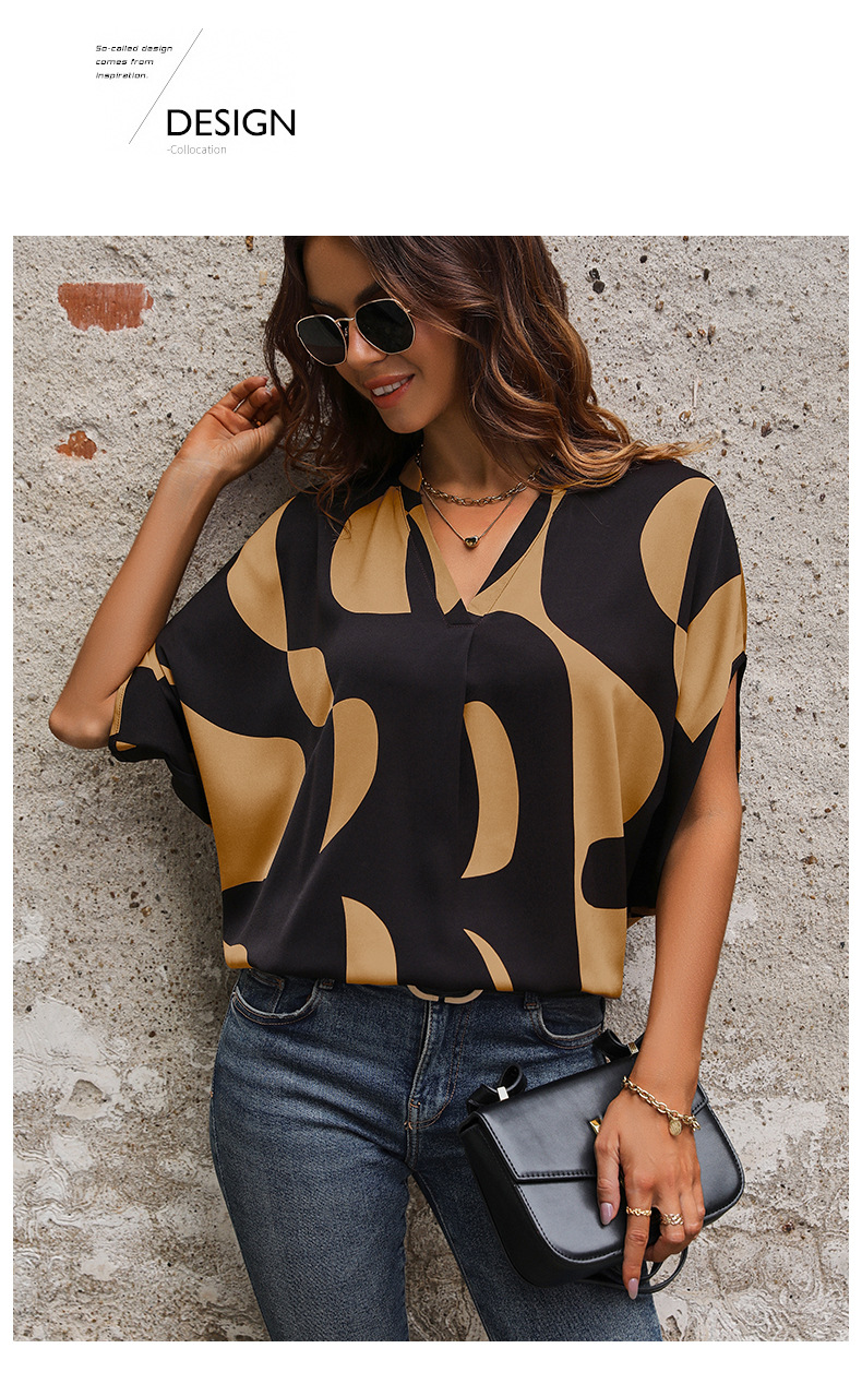 Printed Short-sleeved Pullover V-neck shirt_voghion.com