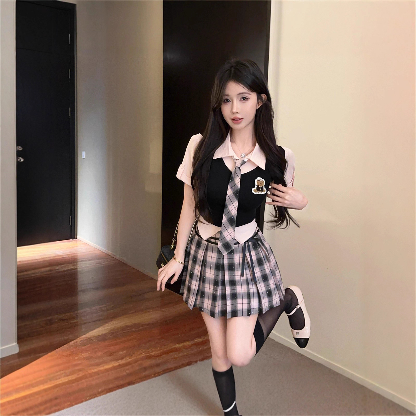College Style Jk Uniform Sexy Style Contrasting Fake Two-Piece Tie Top High Waist Pleated Skirt Petite Suit