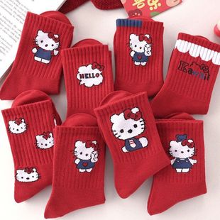 Socks ladies autumn and winter in the tube red cartoon cute Hello Kitty this year middle school students new year socks