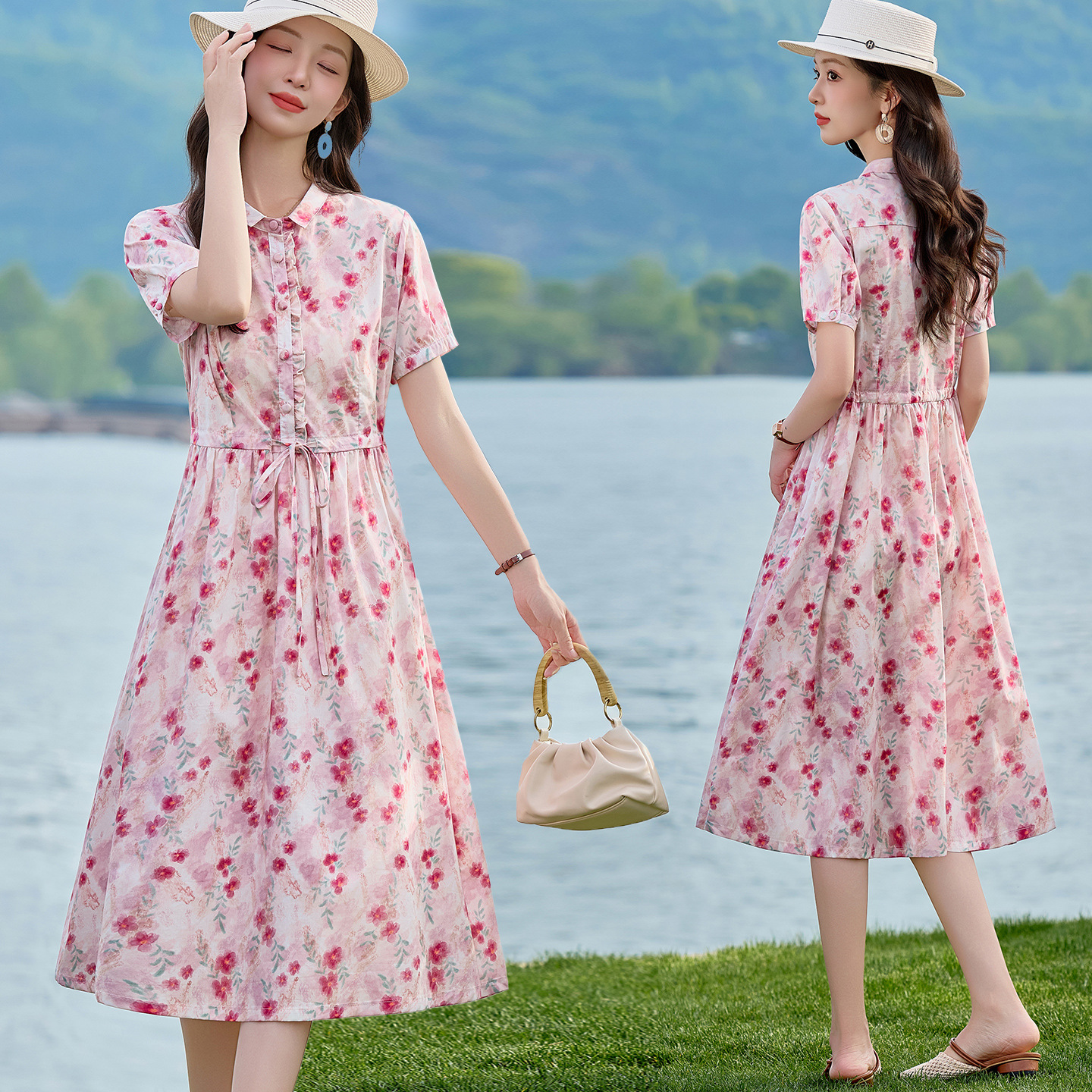 Đầm maxi nữ thắt eo họa tiết hoa nhí phong cách Pháp 2026 — Màu hồng