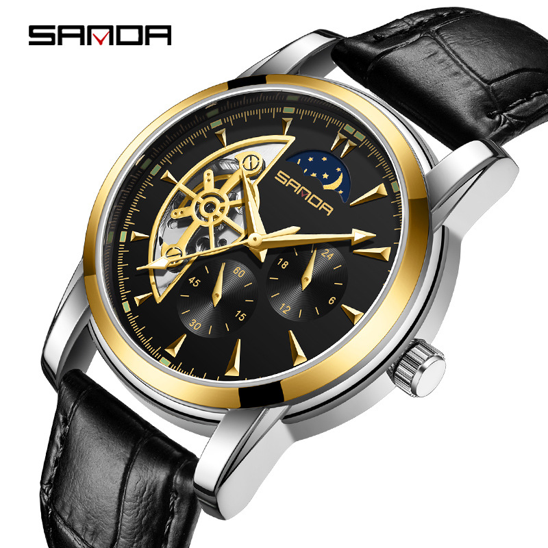 Sanda 7009 correa de acero para hombre reloj mecánico automático con 24 horas multifunción