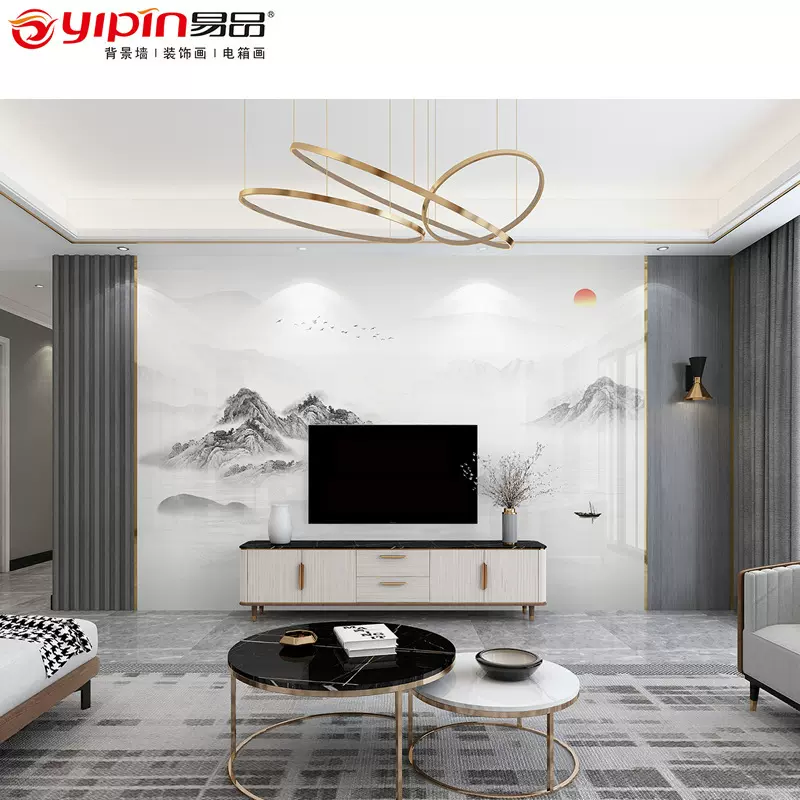易品新中式意境山水电视背景壁纸客厅沙发无缝墙布壁画卧室软包