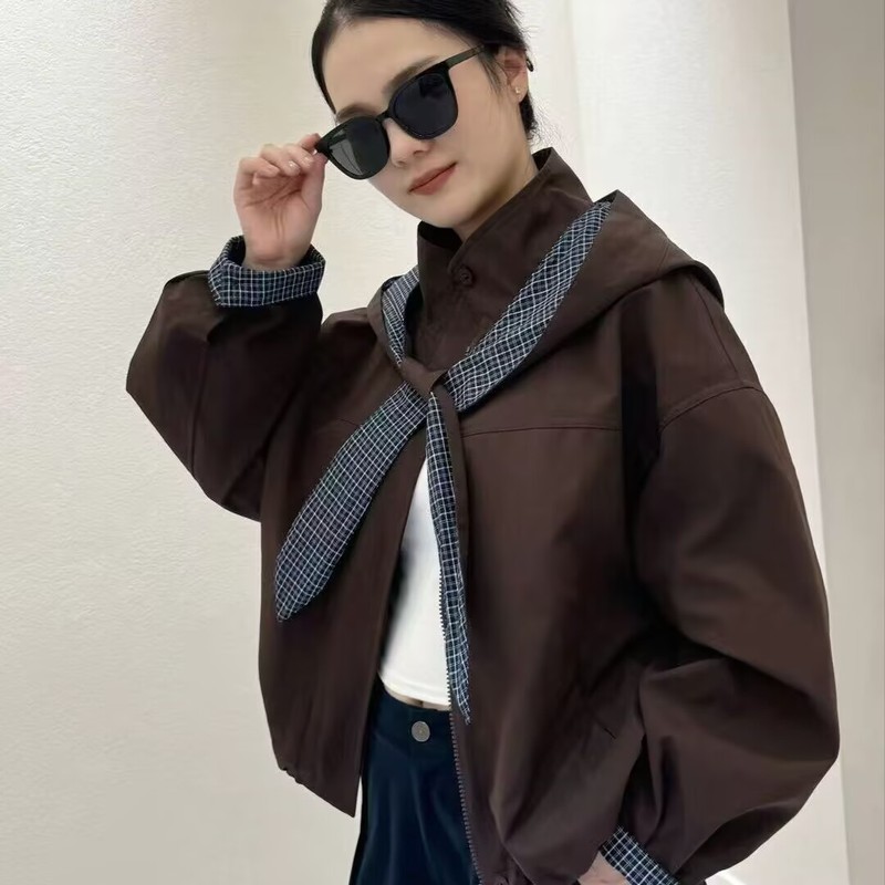 高端25秋新款韩版洋气宽松连帽格子拼接百搭小个子减龄冲锋衣外套|undefined