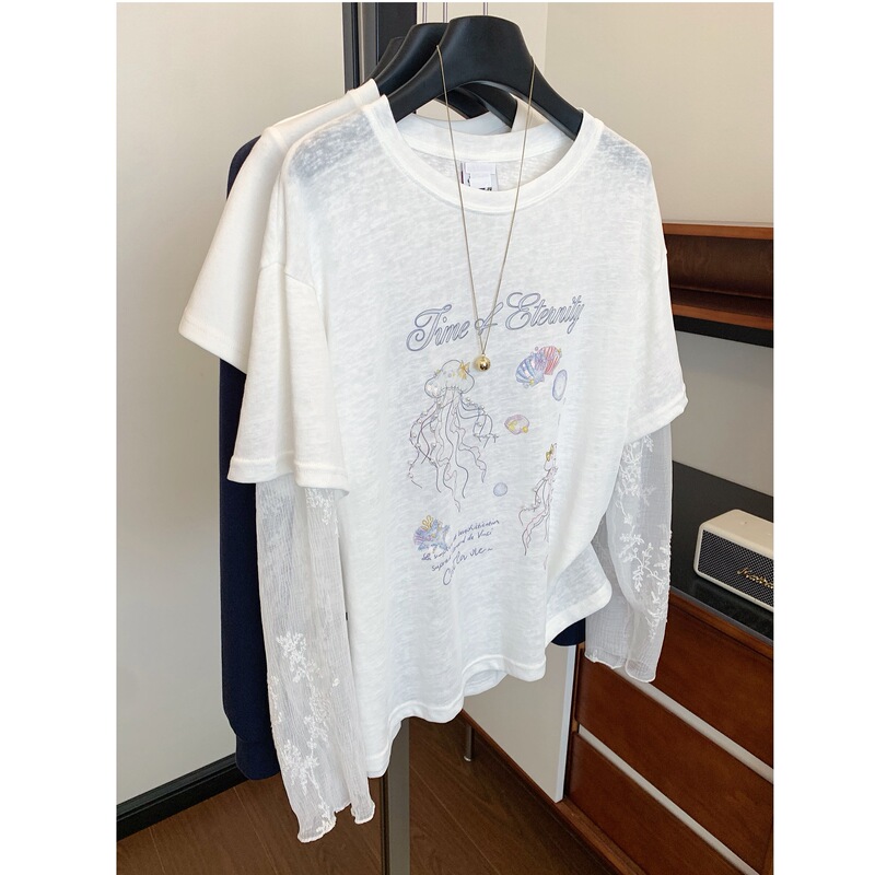 Spliced Lace Long-Sleeved T-Shirt for Women in Summer, Unique and Beautiful, Very Attractive, Age-Reducing, Loose-Fitting Fake Two-Piece Top Spliced Lace Long-Sleeved T-Shirt for Women in Summer, Unique and Beautiful, Very Attractive, Age-Reducing, Loose-Fitting Fake Two-Piece Top