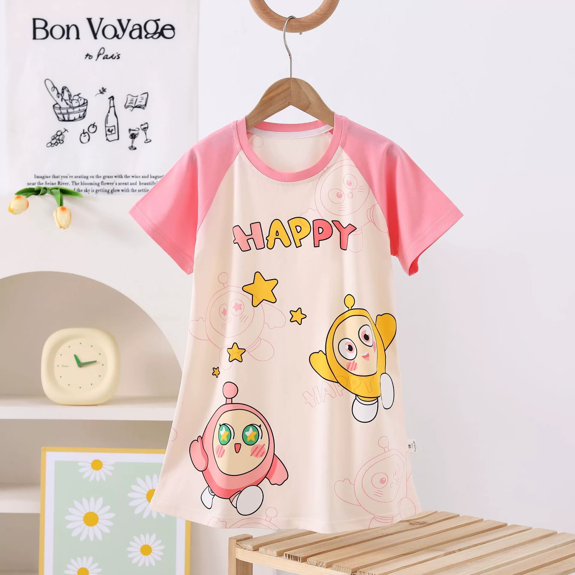 Cotton pijama, thin summer cute mini-skirt for princess, 100% cotton, with short sleeve, for teenagers, round collar
