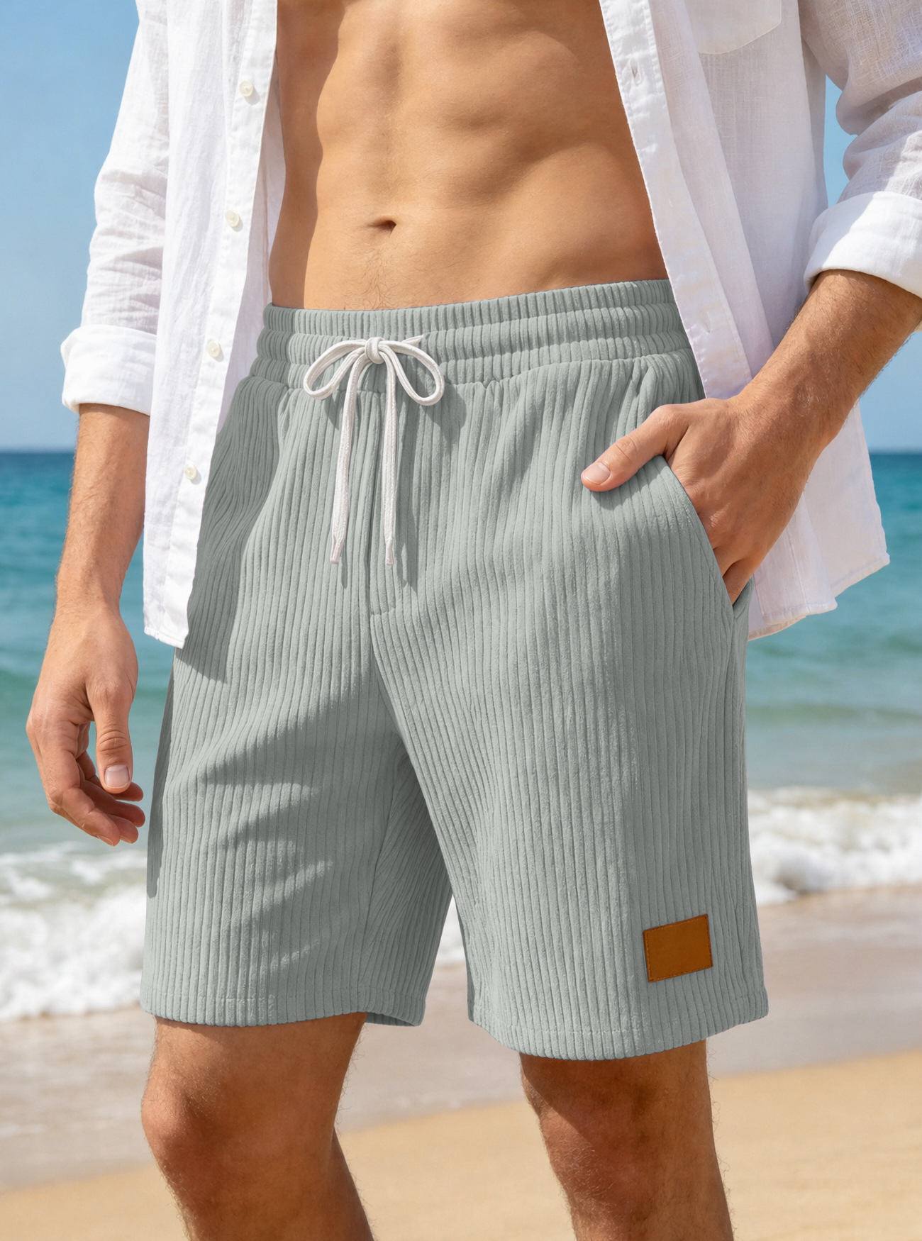 Europa y los Estados Unidos transfronterizos Amazon nuevo hombre retro bordado lámpara de cuero velcro cordón de moda pantalones cortos casuales estadounidenses