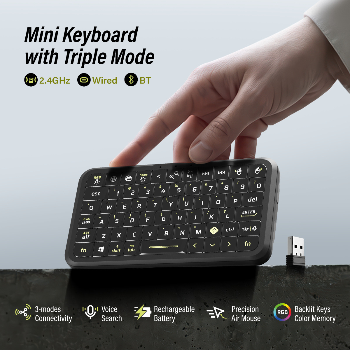 Factory direct sales of new cross-border metal wireless keyboard with seven-color backlight and three modes, mini wireless keypad.